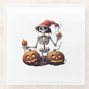 Cute Skeleton Halloween Witch Pumpkin Glass Coaster
