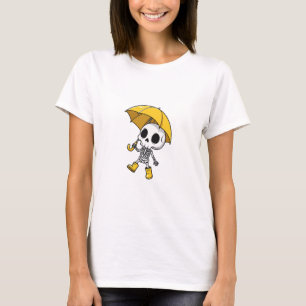 Cute Skeleton Holding Yellow Umbrella Wearing Rain T-Shirt
