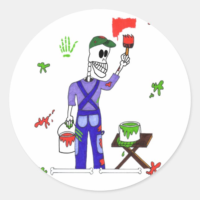 Cute Skeleton House Painter in Overalls Painting Classic Round Sticker (Front)