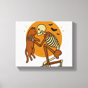 Cute Skeleton Hugging Cat Gothic Halloween Design Canvas Print