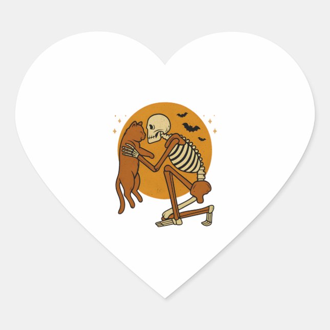Cute Skeleton Hugging Cat Gothic Halloween Design Heart Sticker (Front)