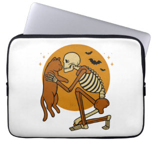 Cute Skeleton Hugging Cat Gothic Halloween Design Laptop Sleeve