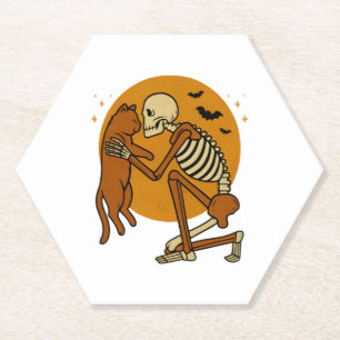 Cute Skeleton Hugging Cat Gothic Halloween Design Paper Coaster