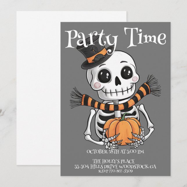 Cute Skeleton Illustration Party Invitation (Front/Back)