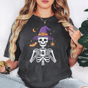 Cute Skeleton Witch Drinking Coffee Halloween T-Shirt