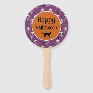 Cute Skeletons and Cat Halloween Purple and Orange Hand Fan