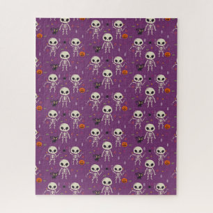Cute Skeletons Halloween Pattern Purple Jigsaw Puzzle
