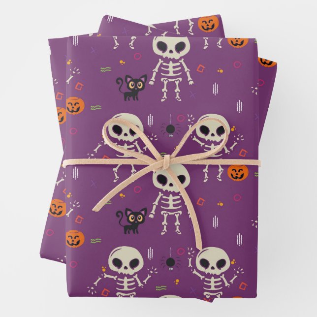 Cute Skeletons Halloween Pattern Purple Wrapping Paper Sheet (In situ)