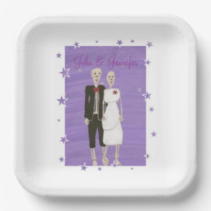 Cute Skeletons Lavender Stars Halloween Wedding Paper Plate