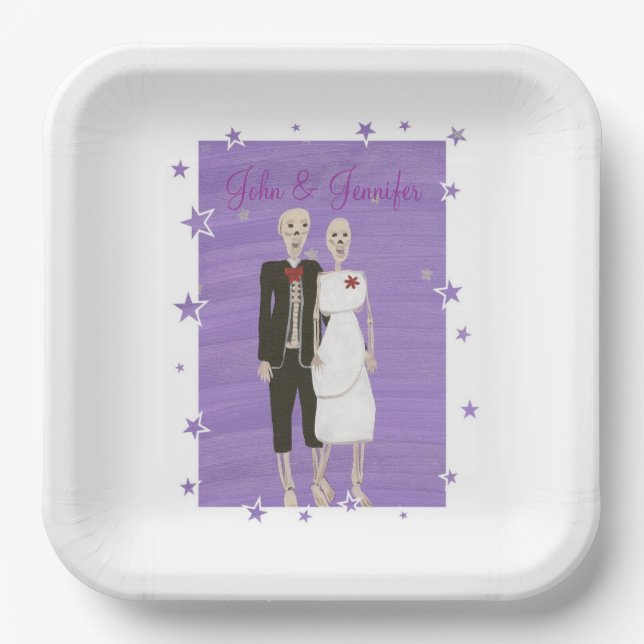 Cute Skeletons Lavender Stars Halloween Wedding Paper Plate (Front)