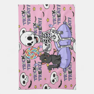 Cute Skeletons Pink For Halloween Tea Towel