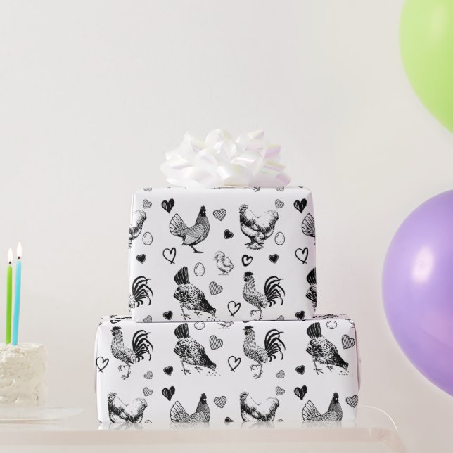 Cute Sketched Chickens Birthday Wrapping Paper (Party Gifts)