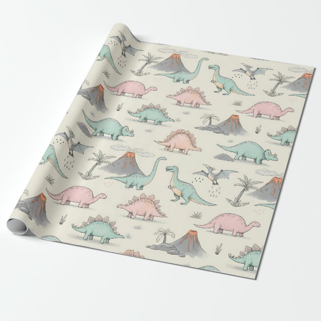 Cute Sketchy Dinosaurs at Jurassic Land Wrapping Paper (Unrolled)