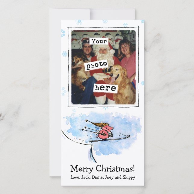 Cute Ski Jumping Flying Pig Christmas | Your Photo Holiday Card (Front)