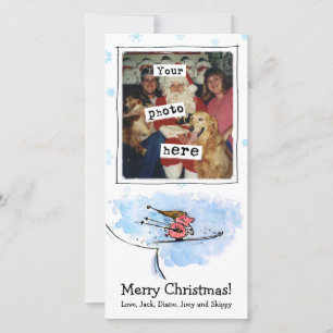 Cute Ski Jumping Flying Pig Christmas   Your Photo Holiday Card