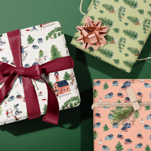 Cute Ski Pink Nordic Christmas Wrapping Paper Sheet