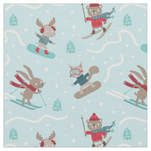Cute Skiing and Snowboarding Animals on light blue Fabric