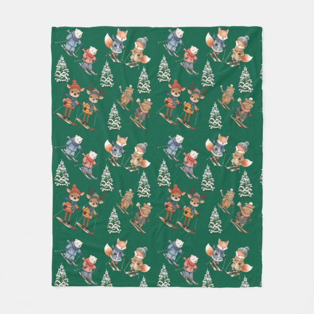 Cute Skiing Animals Fleece Blanket (Front)