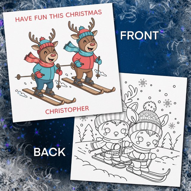 Cute Skiing  Christmas Reindeer with Coloring Page Holiday Card (Creator Uploaded)