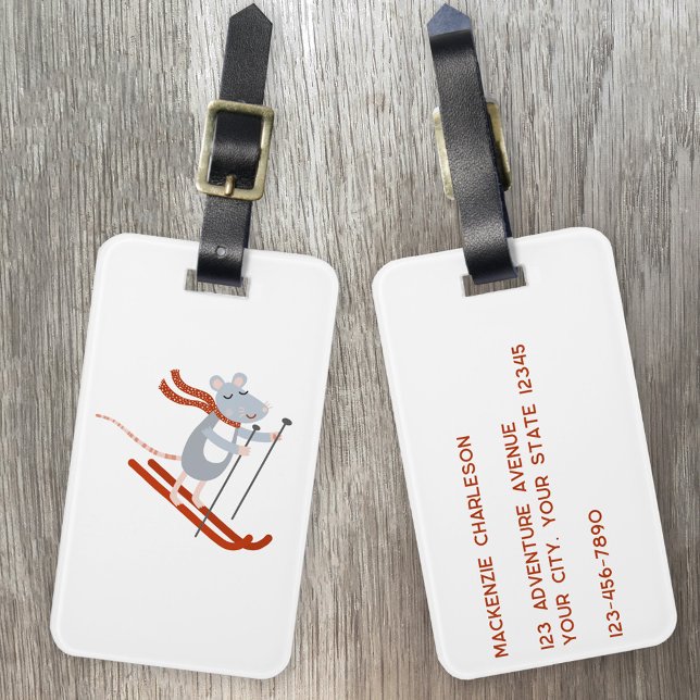 Cute Skiing Mouse Luggage Tag (Skiing Mouse fun cute quirky personalized luggage tags)
