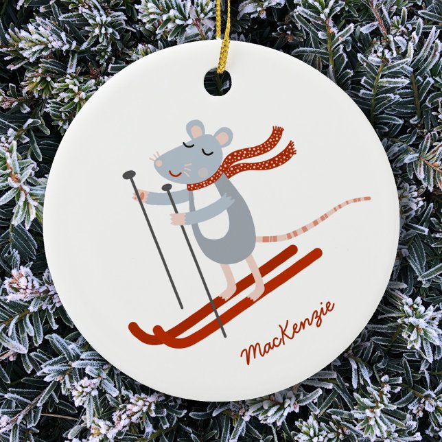 Cute Skiing Mouse Personalised Ceramic Tree Decoration (Creator Uploaded)