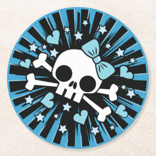 Cute Skull and Crossbones - Blue Round Paper Coaster