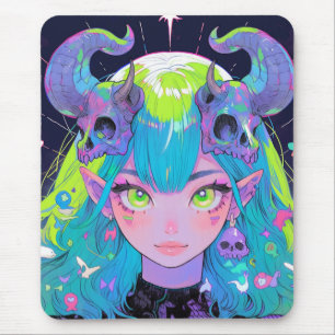 Cute Skull and Horns Punk Rock Anime Girl Mouse Mat