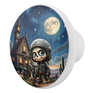 Cute Skull Biker   Moonlit Ride Through the Desert Ceramic Knob
