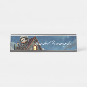 Cute Skull Biker Moonlit Ride Through the Desert Desk Name Plate