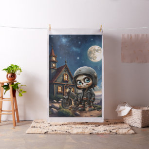 Cute Skull Biker Moonlit Ride Through the Desert Fabric