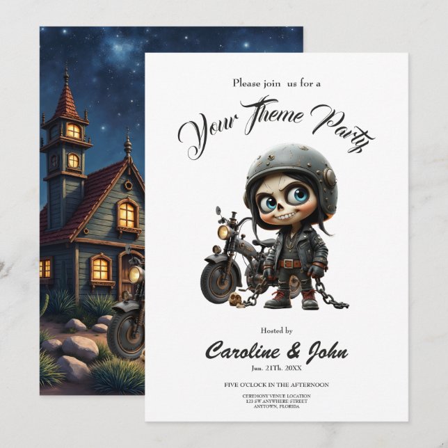 Cute Skull Biker | Moonlit Ride Through the Desert Invitation (Front/Back)