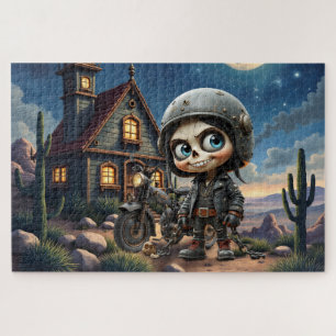 Cute Skull Biker Moonlit Ride Through the Desert Jigsaw Puzzle