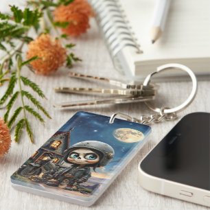Cute Skull Biker Moonlit Ride Through the Desert Key Ring