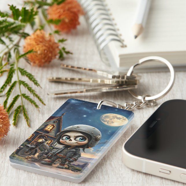 Cute Skull Biker | Moonlit Ride Through the Desert Key Ring (Front Right)