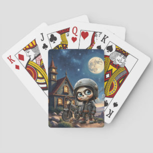 Cute Skull Biker Moonlit Ride Through the Desert Playing Cards