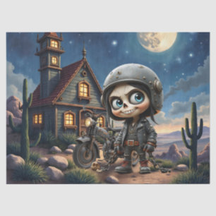 Cute Skull Biker Moonlit Ride Through the Desert Tissue Paper