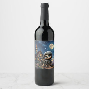 Cute Skull Biker Moonlit Ride Through the Desert Wine Label