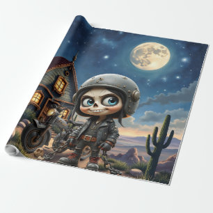 Cute Skull Biker Moonlit Ride Through the Desert Wrapping Paper