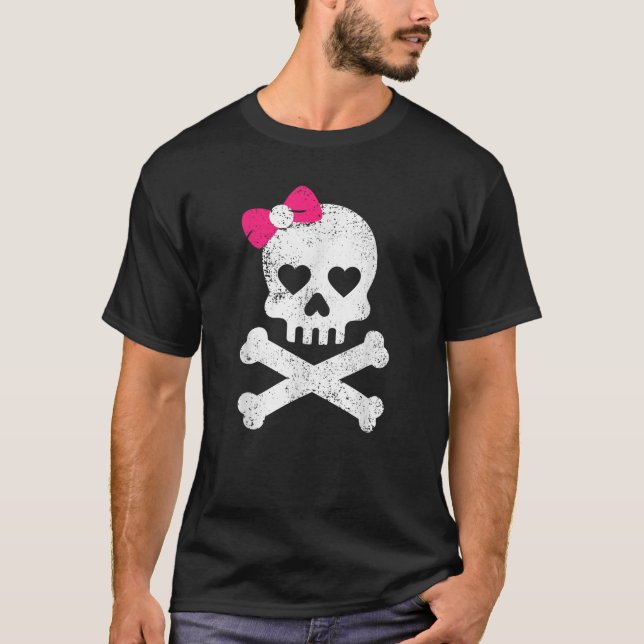 Cute Skull bone Pink Bow Women Girls Adorable Kawa T-Shirt (Front)