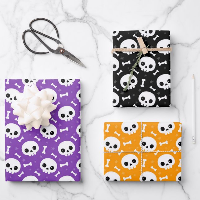 Cute Skull & Bones Halloween Patterns Wrapping Paper Sheet (Front)