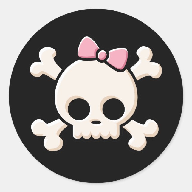 Cute Skull Girl Black Round Sticker (Front)