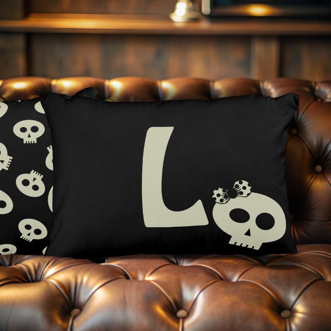 Cute Skull Monogram Black Halloween Accent Pillow (A cute girly skull pillow to add your initial to. Perfect for your Halloween home decor)