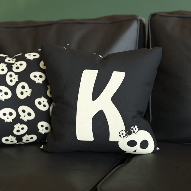Cute Skull Monogram Pattern Black Throw Pillow (Just add your initial to this cute Halloween pillow)