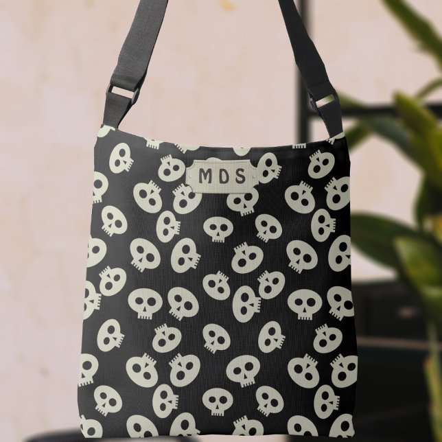 Cute Skull Pattern Printed Tote Crossbody Bag (Go ahead and add your initials to this adorable crossbody bag with a skull pattern!)