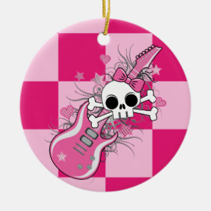 Cute Skull with Pink Guitar Ceramic Tree Decoration