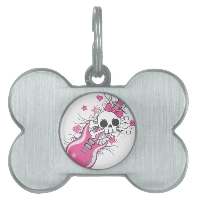 Cute Skull with Pink Guitar Pet ID Tag (Front)