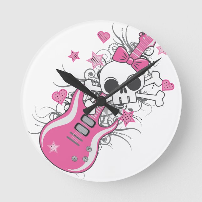 Cute Skull with Pink Guitar Round Clock (Front)