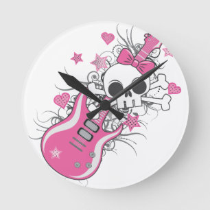 Cute Skull with Pink Guitar Round Clock