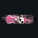 Cute Skull with Pink Guitar Skateboard<br><div class="desc">Cute skull and crossbones with bow and girly pink guitar surrounded by hearts and stars.</div>