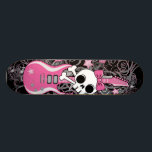 Cute Skull with Pink Guitar Skateboard<br><div class="desc">Cute skull and crossbones with bow and girly pink guitar surrounded by hearts and stars.</div>